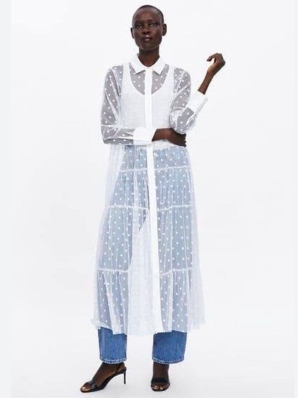 Zara Bloggers Fave Sheer White Tulle Polka Dot Maxi Shirt Dress. Divine. Size M - Picture 4 of 16